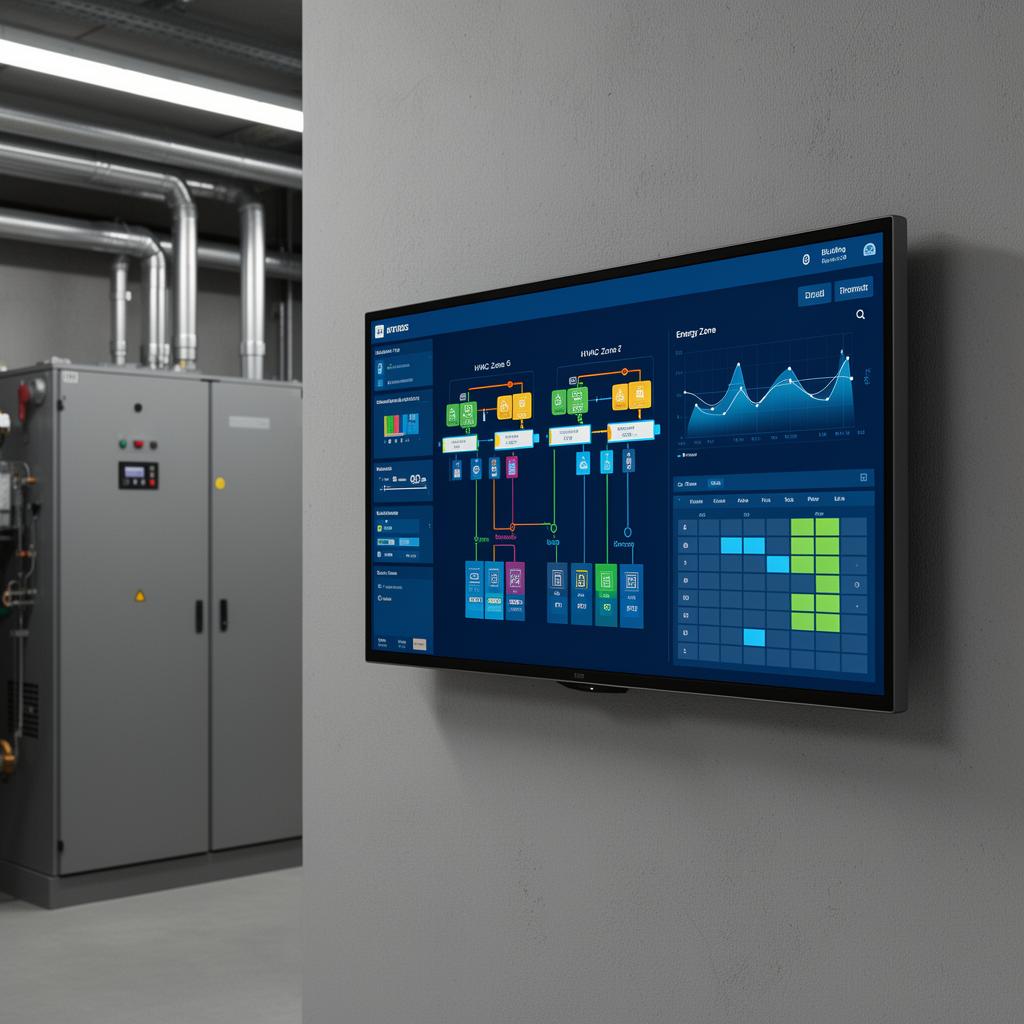 Building automation dashboard controlling HVAC zones and energy in a commercial mechanical room
